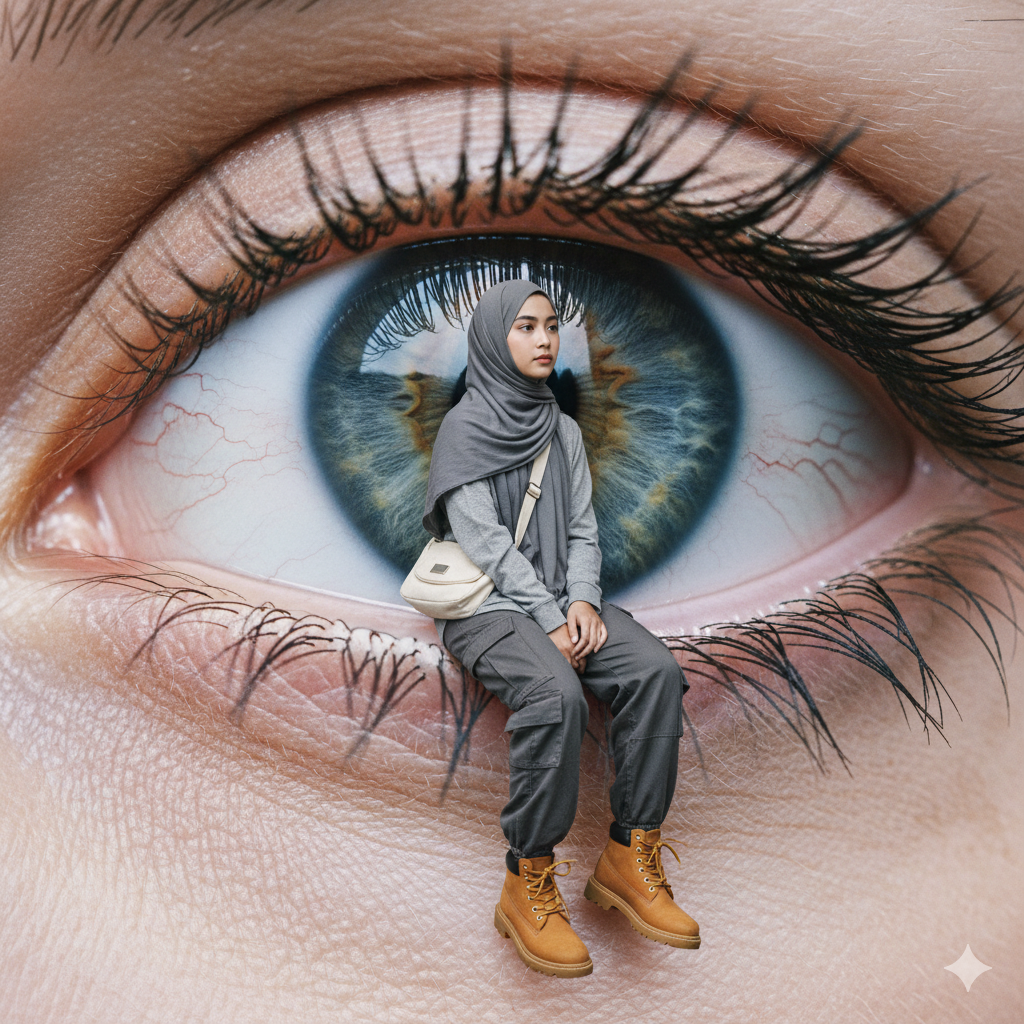 Surreal Fashion Art – Miniature Woman on Giant Eye