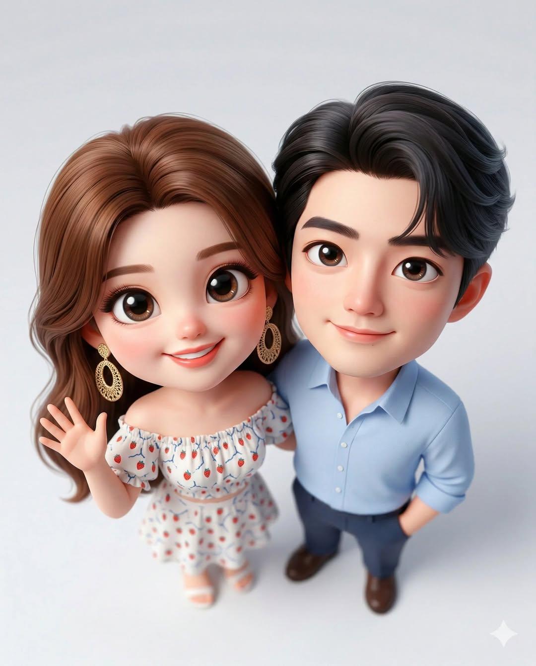 Top Down Chibi Couple — Cute 3D Wide Angle Cartoon Perspective