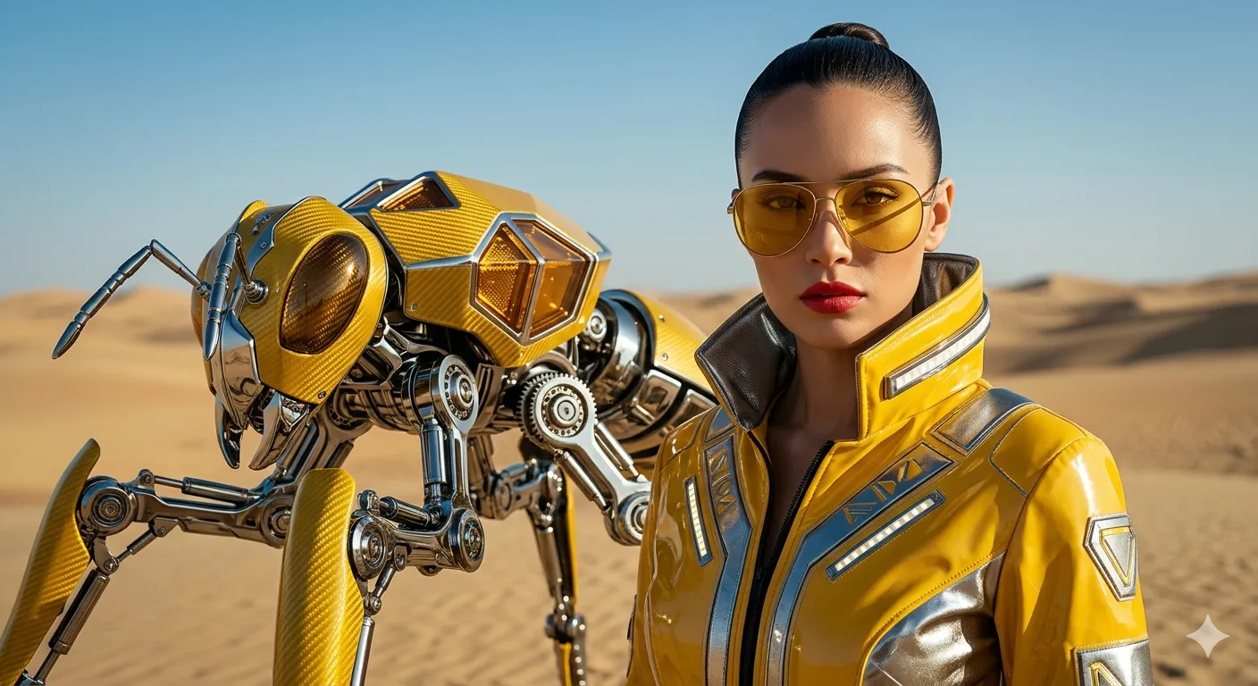 Futuristic Fashion Portrait – Yellow Tech Jacket & Mechanical Insect