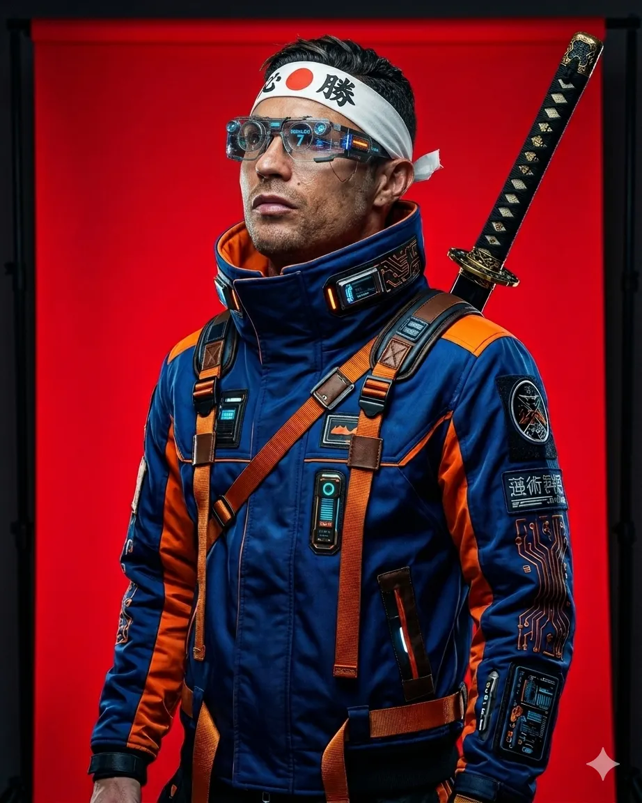 Cyberpunk Portrait – Blue & Orange Jacket with Katana