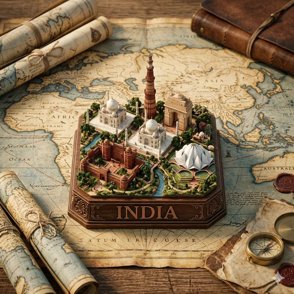 3D Miniature India – Landmarks on Antique Map