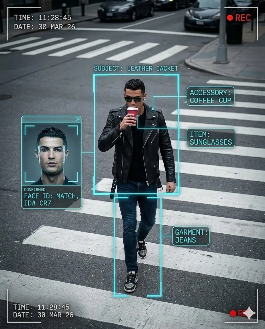 Hyper-Realistic Surveillance Crosswalk Scene with Futuristic HUD
