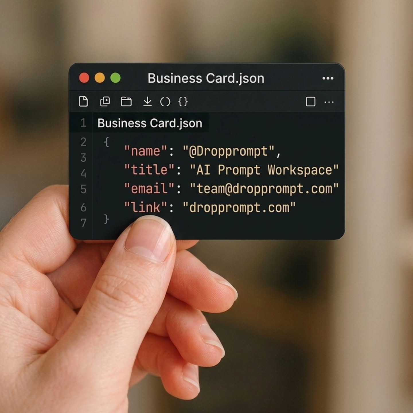 MacOS Code Editor Business Card – Dark Mode JSON Design