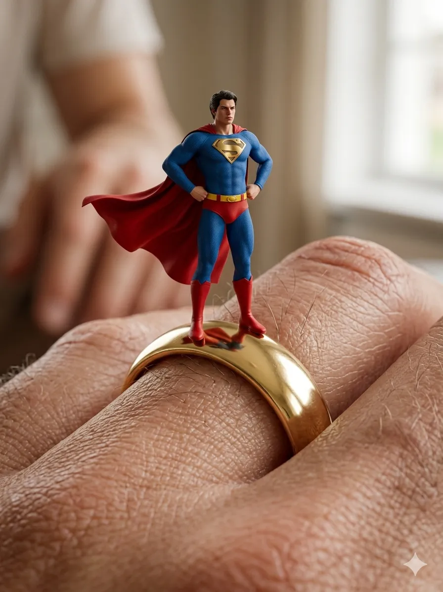 Macro Miniature Superman on Gold Wedding Band