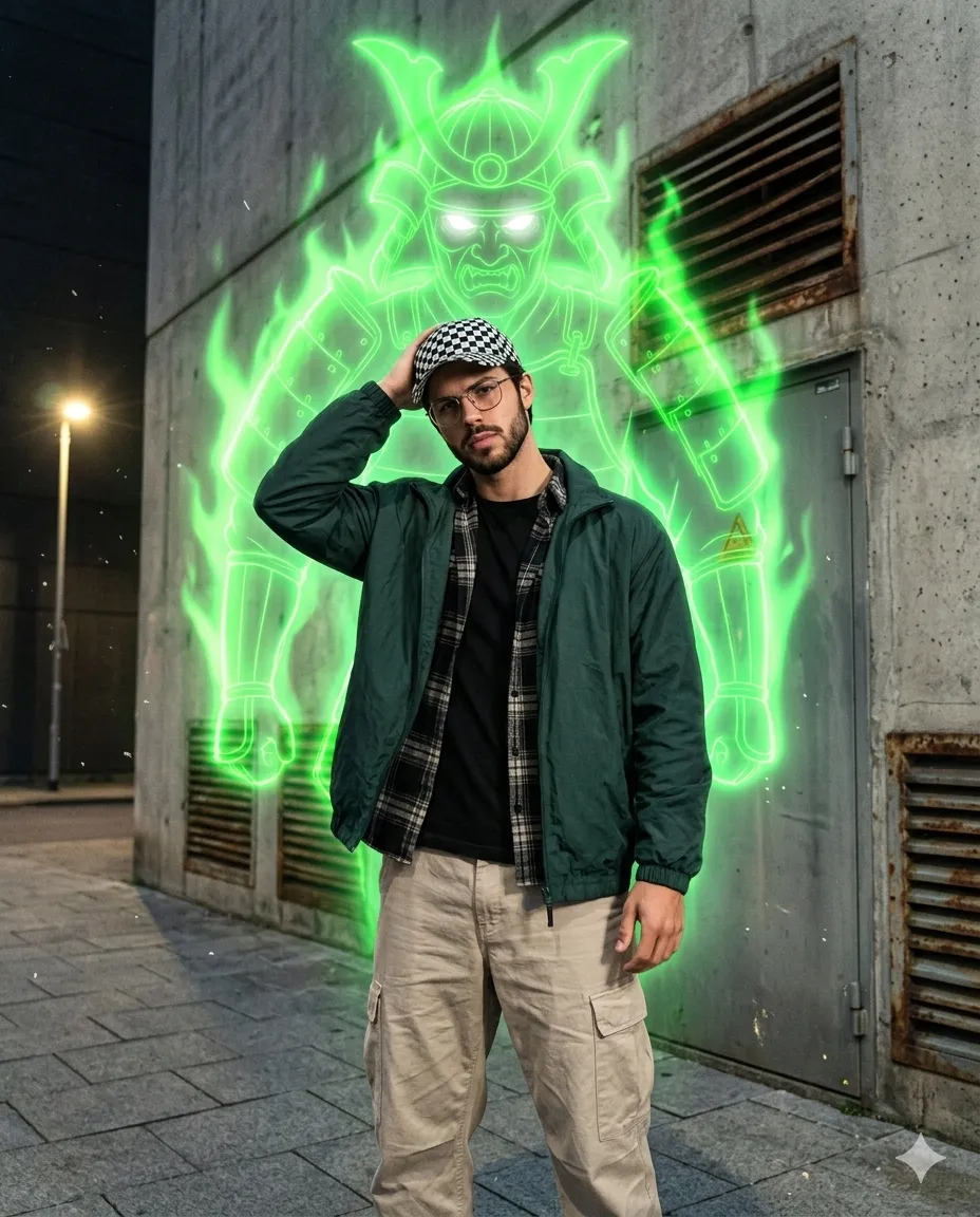 Spectral Samurai Guardian – Neon Green Urban Cinematic