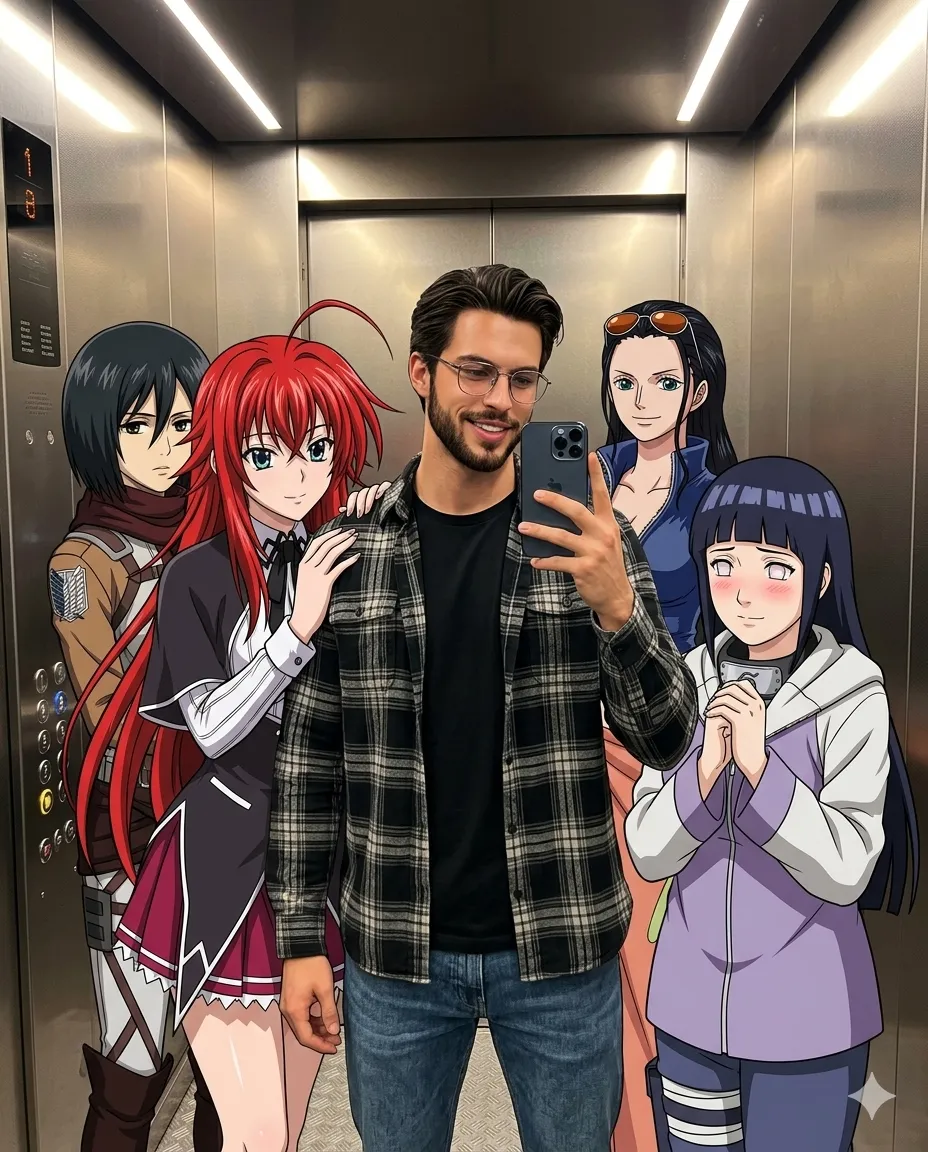 Elevator Mirror Selfie – 4 Anime Characters (Rias, Mikasa, Robin, Hinata)