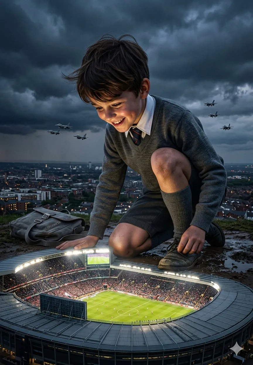 Giant Schoolboy Peering Into Toy Stadium