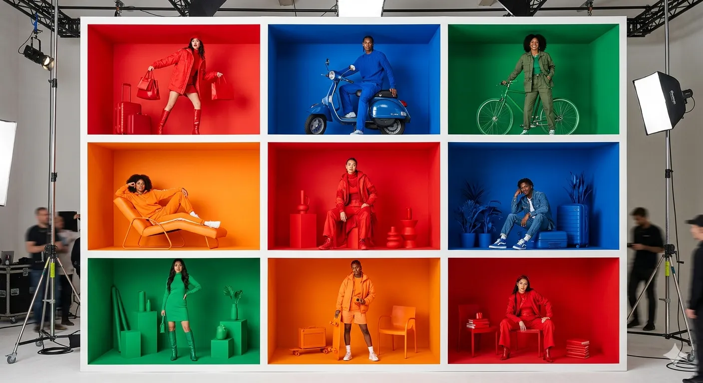 3x3 Monochromatic Diorama Grid – High-Fashion Editorial