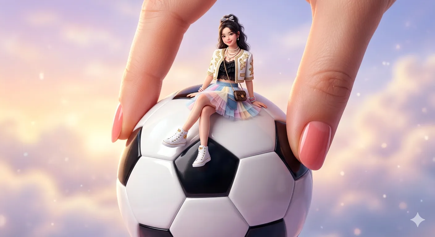 Miniature Fashion Girl on Giant Soccer Ball – Dreamy Surreal