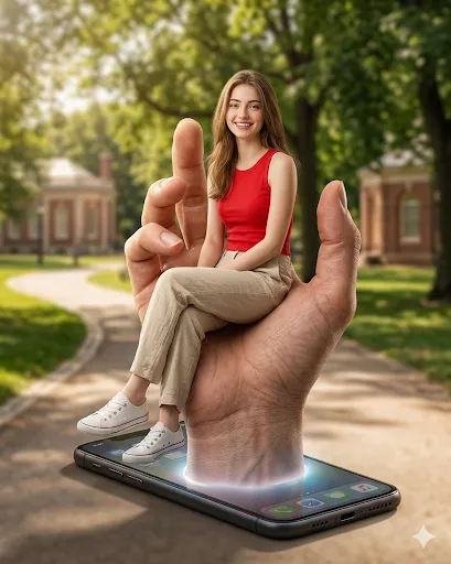 Giant Hand Emerging from Smartphone – Woman Sitting on Palm