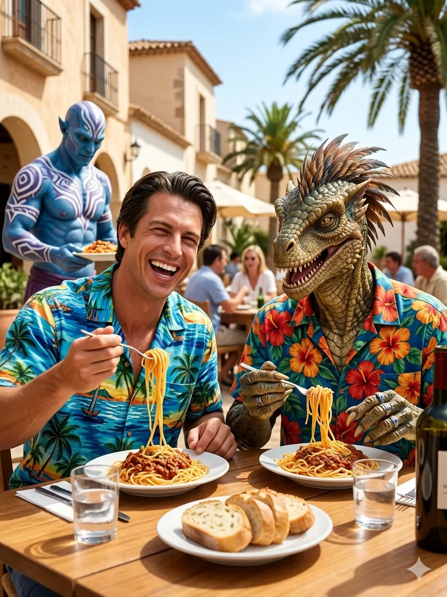 Hawaiian Shirt Lunch – Arabian Man & Alien Friend