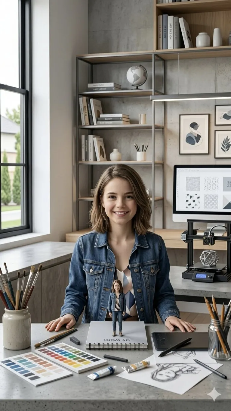 Artist at Concrete Desk – Miniature Self on Sketchbook