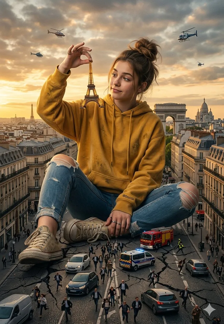 Giant Teen Girl Holds Eiffel Tower – Paris Golden Hour