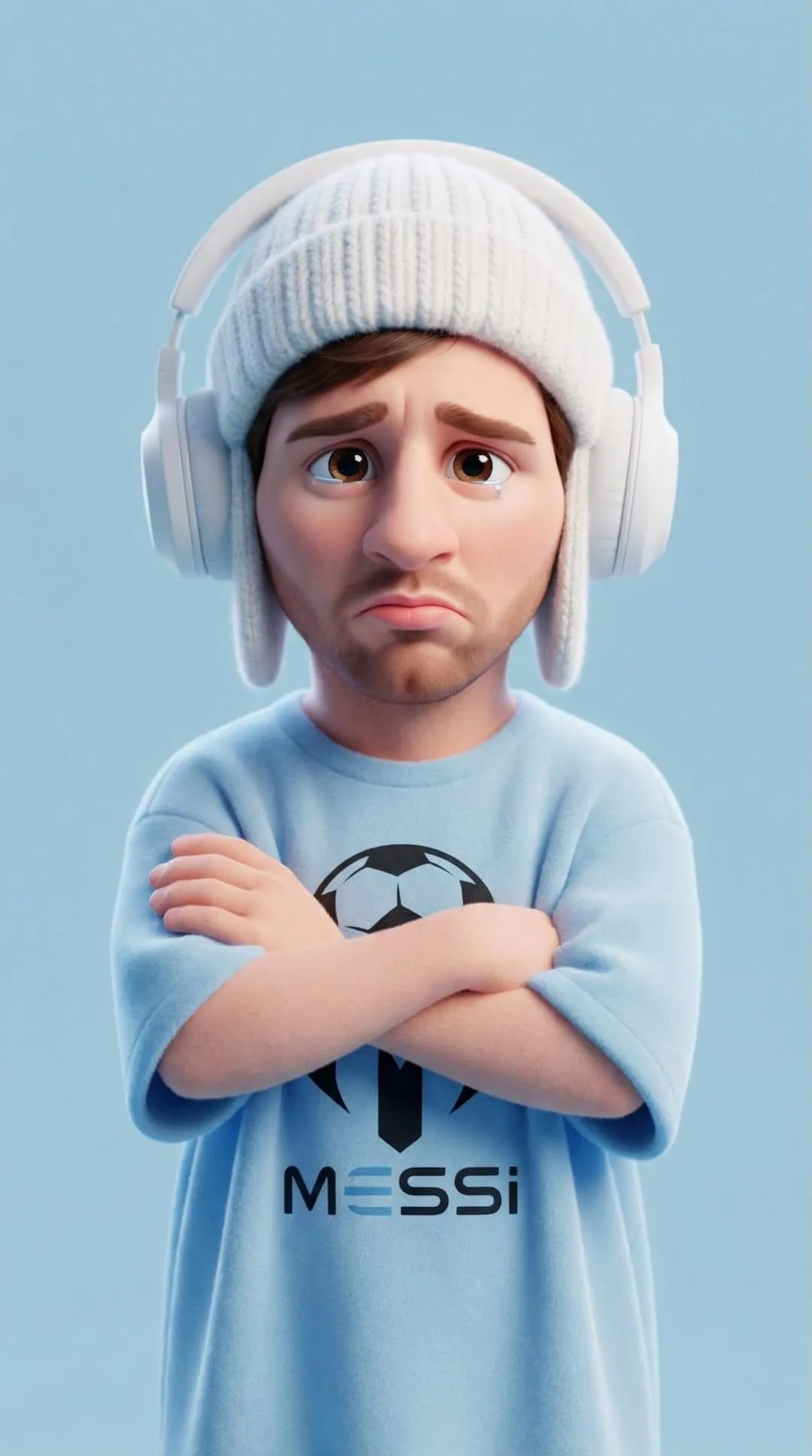 Sad Pixar-Style 3D Boy with Beanie & Headphones
